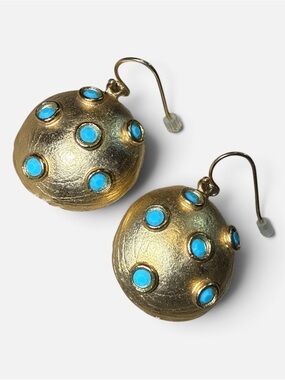 Vintage Gerard Yosca Turquoise Gold Dome Dangle Earrings Signed 1980s Sputnik